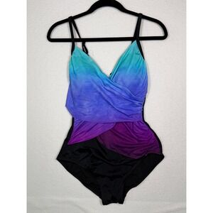 Embrace Your Curves One Piece Swimsuit Womens Medium Blue Purple Ombre Ruched